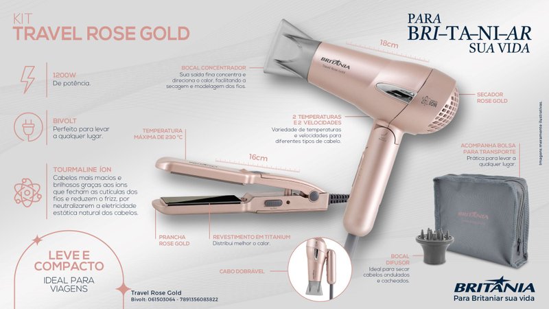 Kit Britânia Travel Rose Gold Secador e Prancha Bivolt Bagatolishop