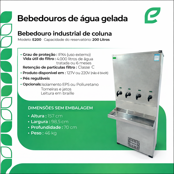 02 bebedouro de agua gelada industrial inox 200l de coluna ecoblu